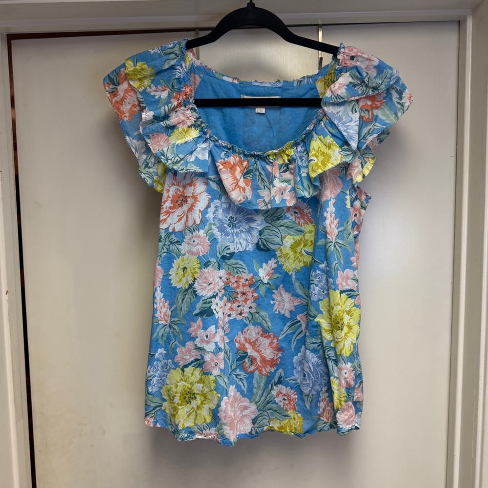 Loft ruffle sleeve floral blouse blue yellow orange size S